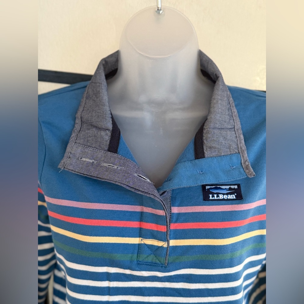 L.L. Bean Striped Henley Style Rugby Shirt. Blue with colored stripes. Size XS - Picture 3 of 7